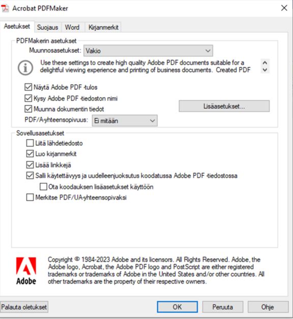 PDFMakerin asetus esteettömyysstandardin asettamiseksi
