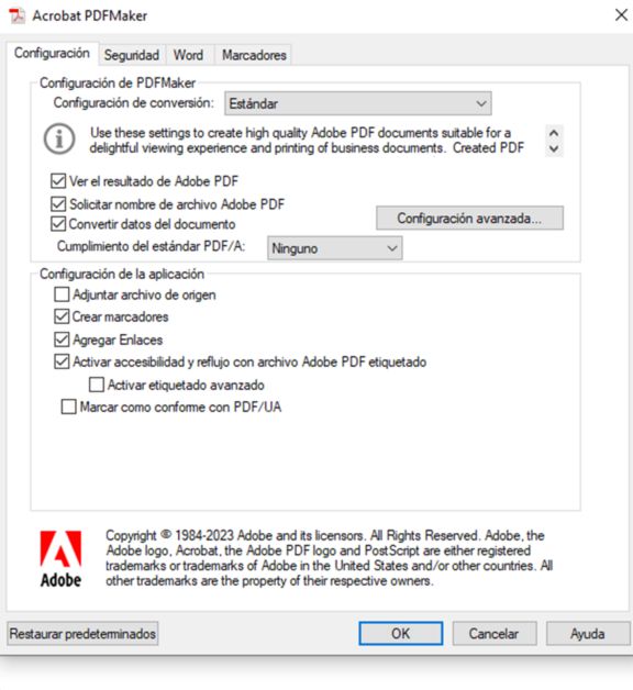 Preferencia de PDFMaker para configurar el estándar de accesibilidad