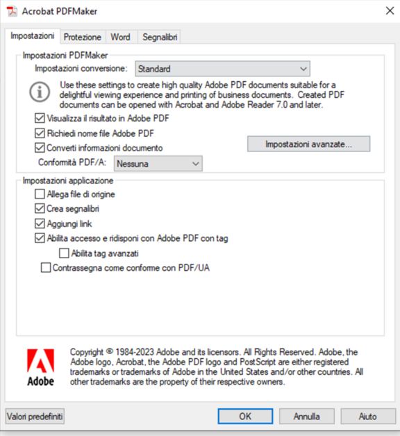 Preferenza di PDFMaker per impostare lo standard di accessibilità