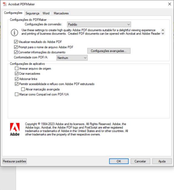 Preferência do PDFMaker para definir o padrão de acessibilidade