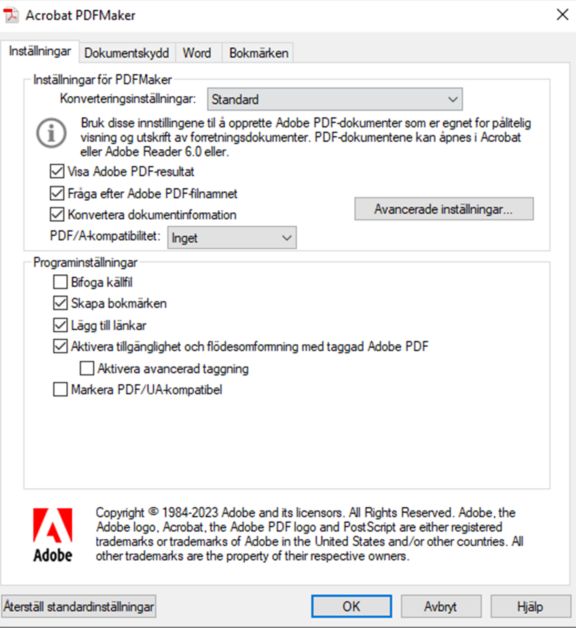 Inställning för PDFMaker för att ställa in tillgänglighetsstandard