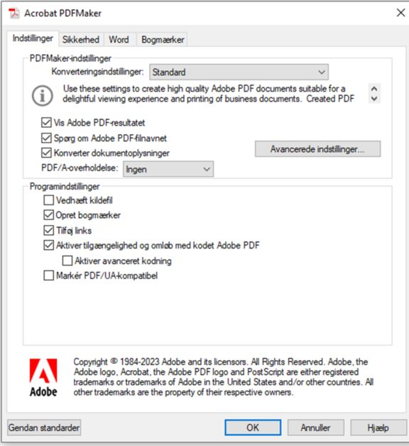 PDFMaker-præference til angivelse af tilgængelighedsstandard