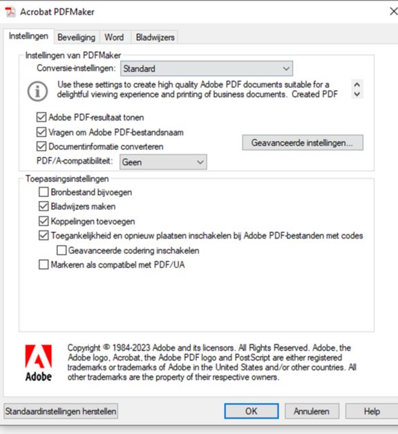 PDFMaker-innstilling for å angi tilgjengelighetsstandard