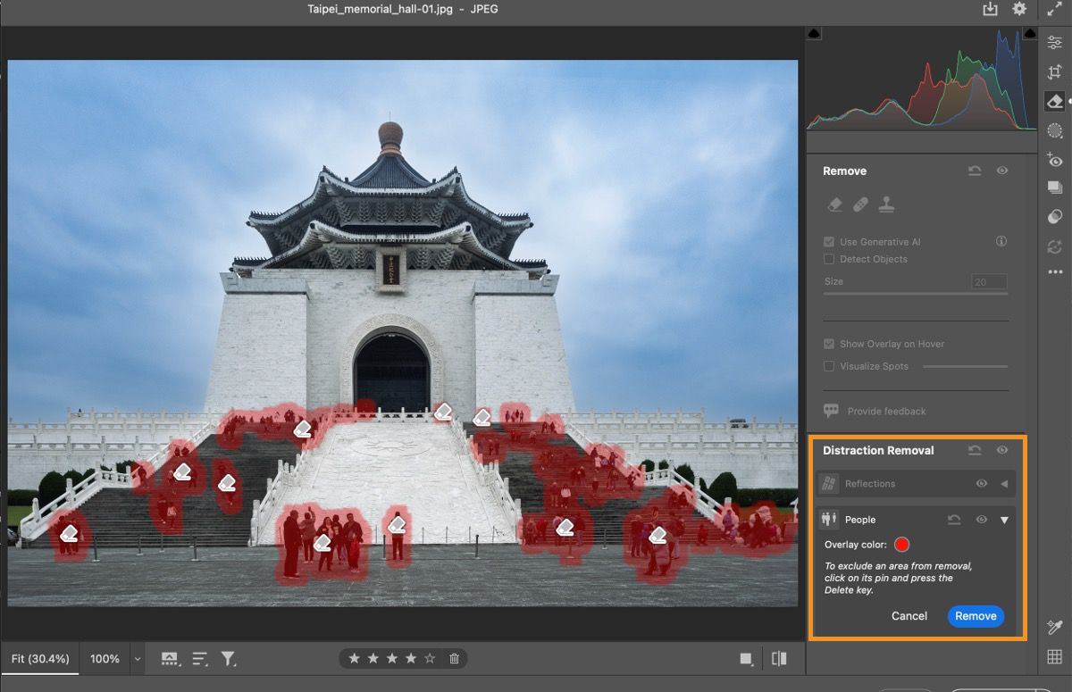 a monument with intricate architecture under a vibrant blue sky; foreground features people highlighted in red overlay for distraction removal; UI elements on the right include histogram, reflection settings, and distraction removal tools.