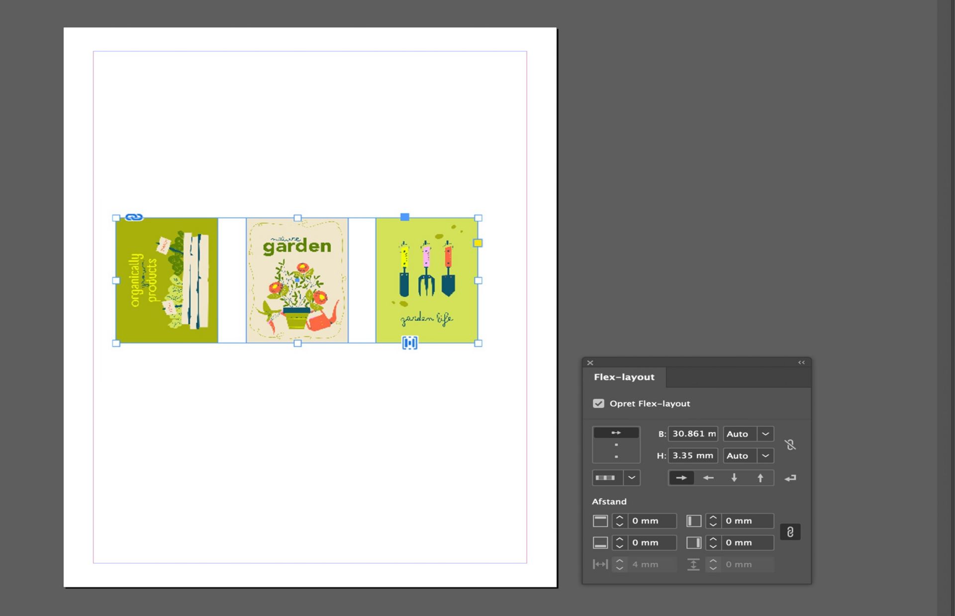 Tre perfekt justerede billeder er placeret på lærredet, og flex-layout-panelet er åbent med forskellige muligheder.