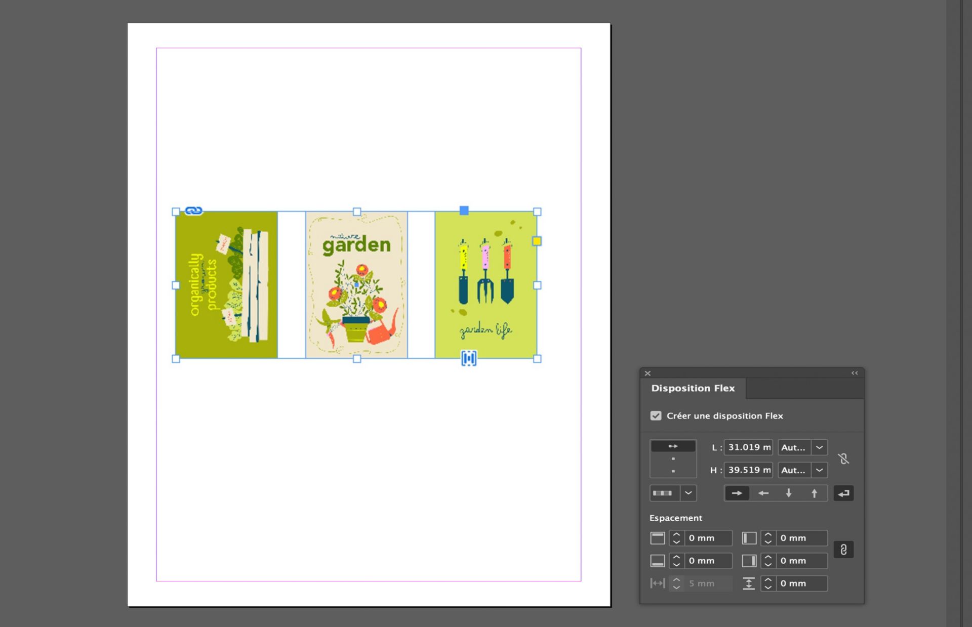 Trois images parfaitement alignées sont placées sur la zone de travail et le panneau Disposition Flex est ouvert avec différentes options.