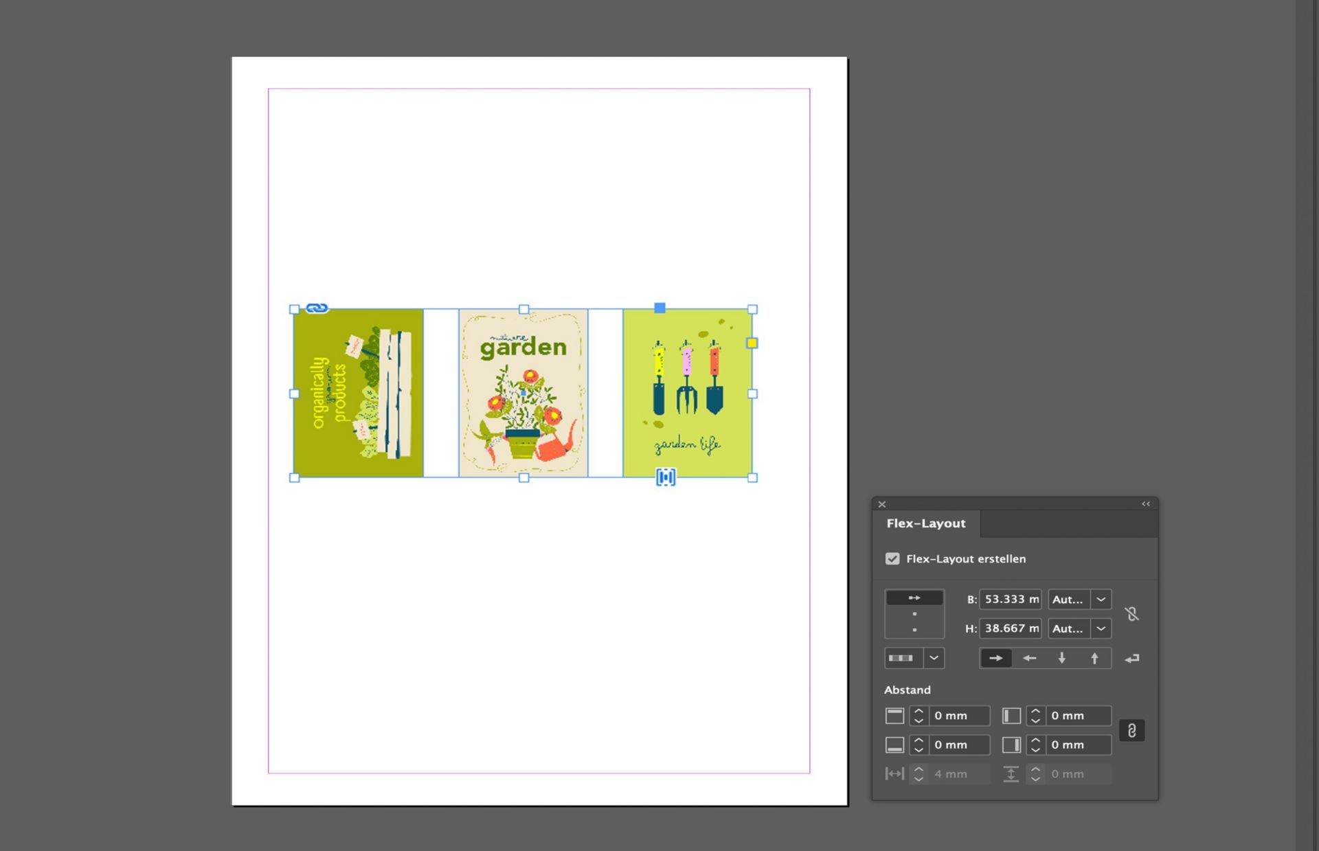 Drei perfekt ausgerichtete Bilder werden auf der Arbeitsfläche platziert und das Bedienfeld Flex Layout ist mit verschiedenen Optionen geöffnet.