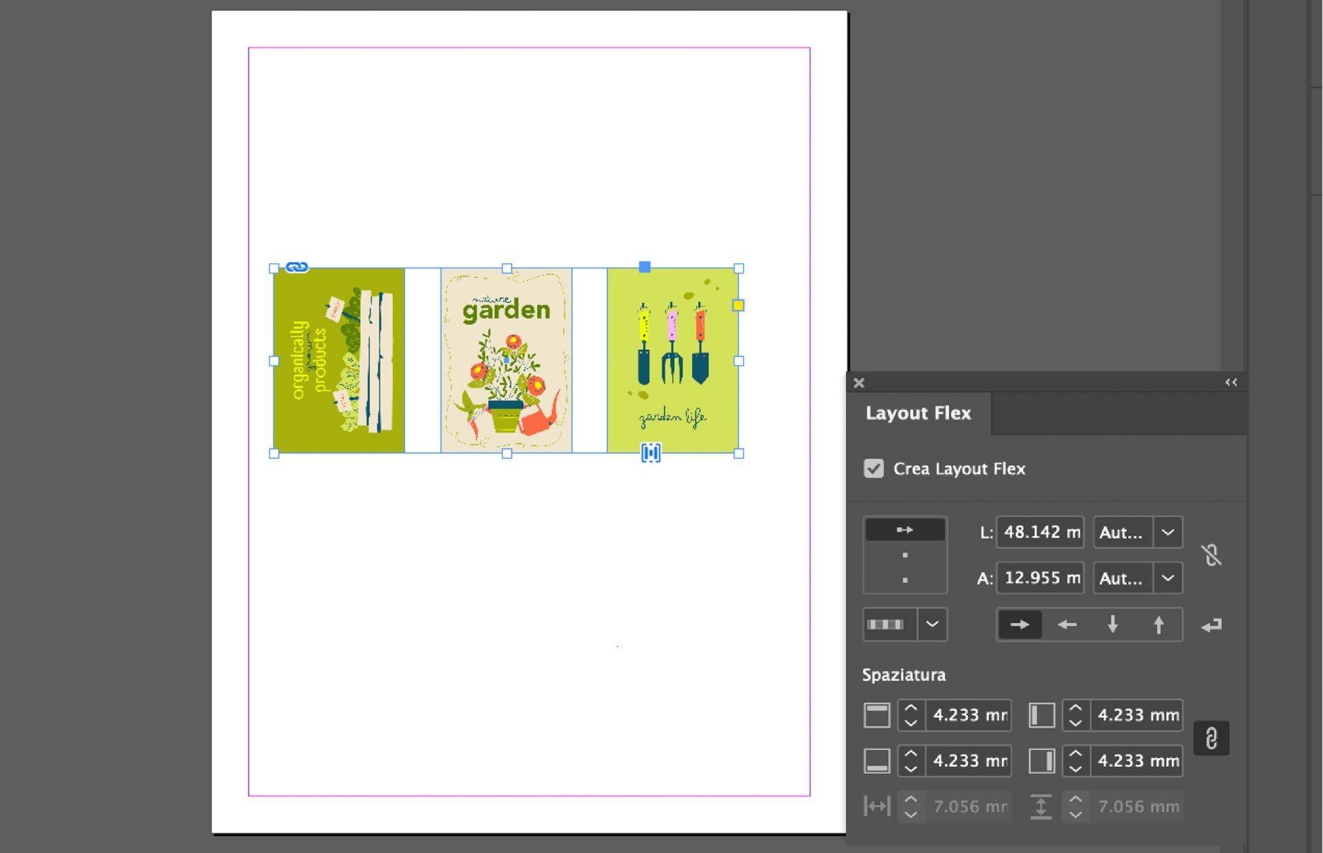 Tre immagini perfettamente allineate sono posizionate nell'area di lavoro e il pannello Layout Flex è aperto con diverse options.