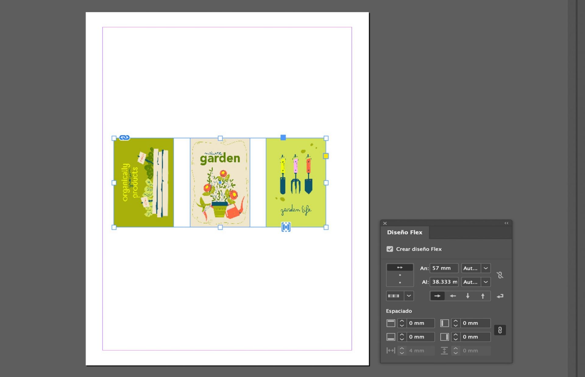 Tres imágenes perfectamente alineadas están colocadas en el lienzo y el panel de flex está abierto con diferentes options.