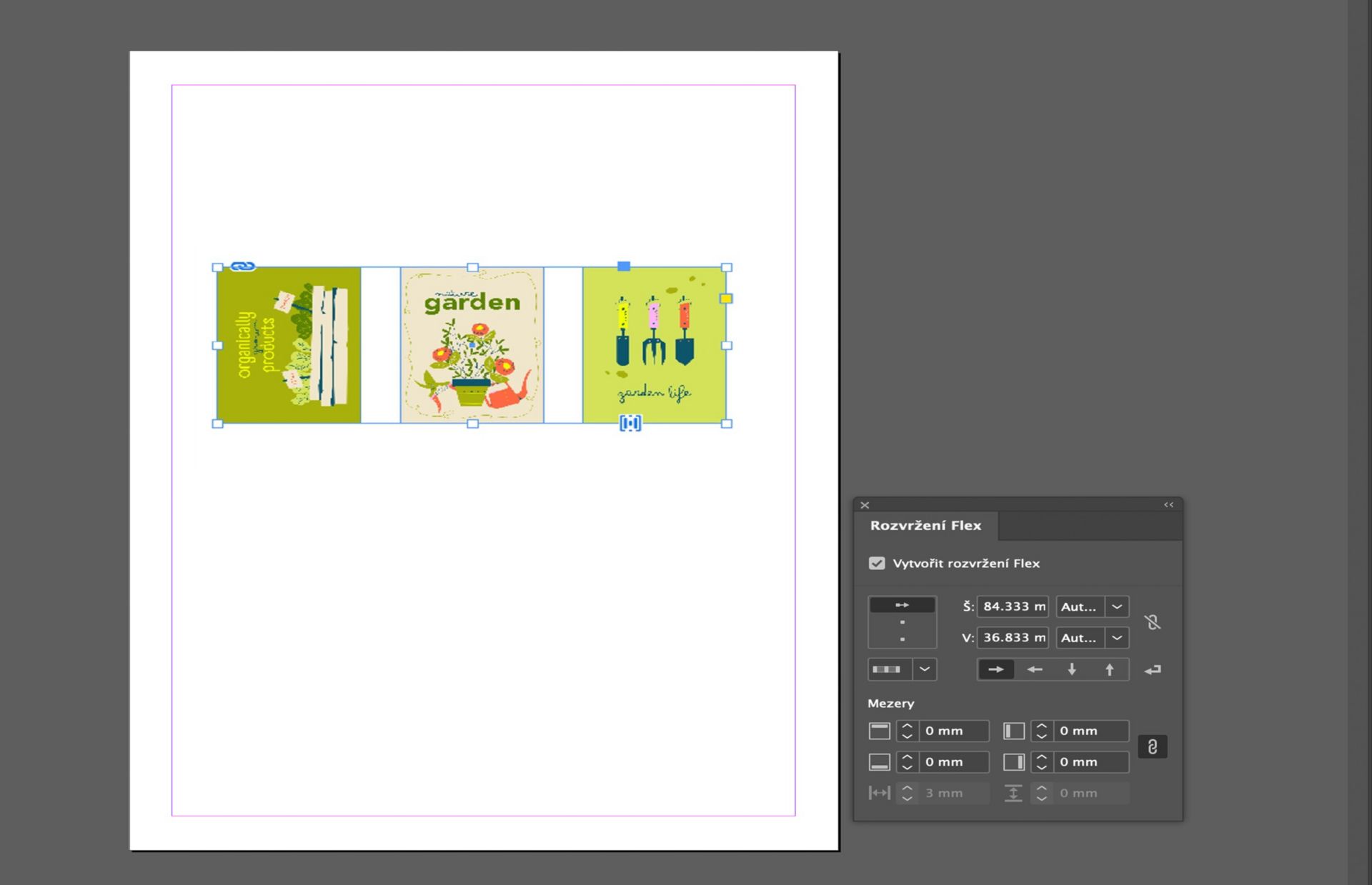 Na plátno jsou umístěny tři dokonale zarovnané obrázky a panel Flex rozložení je otevřený s různými options.