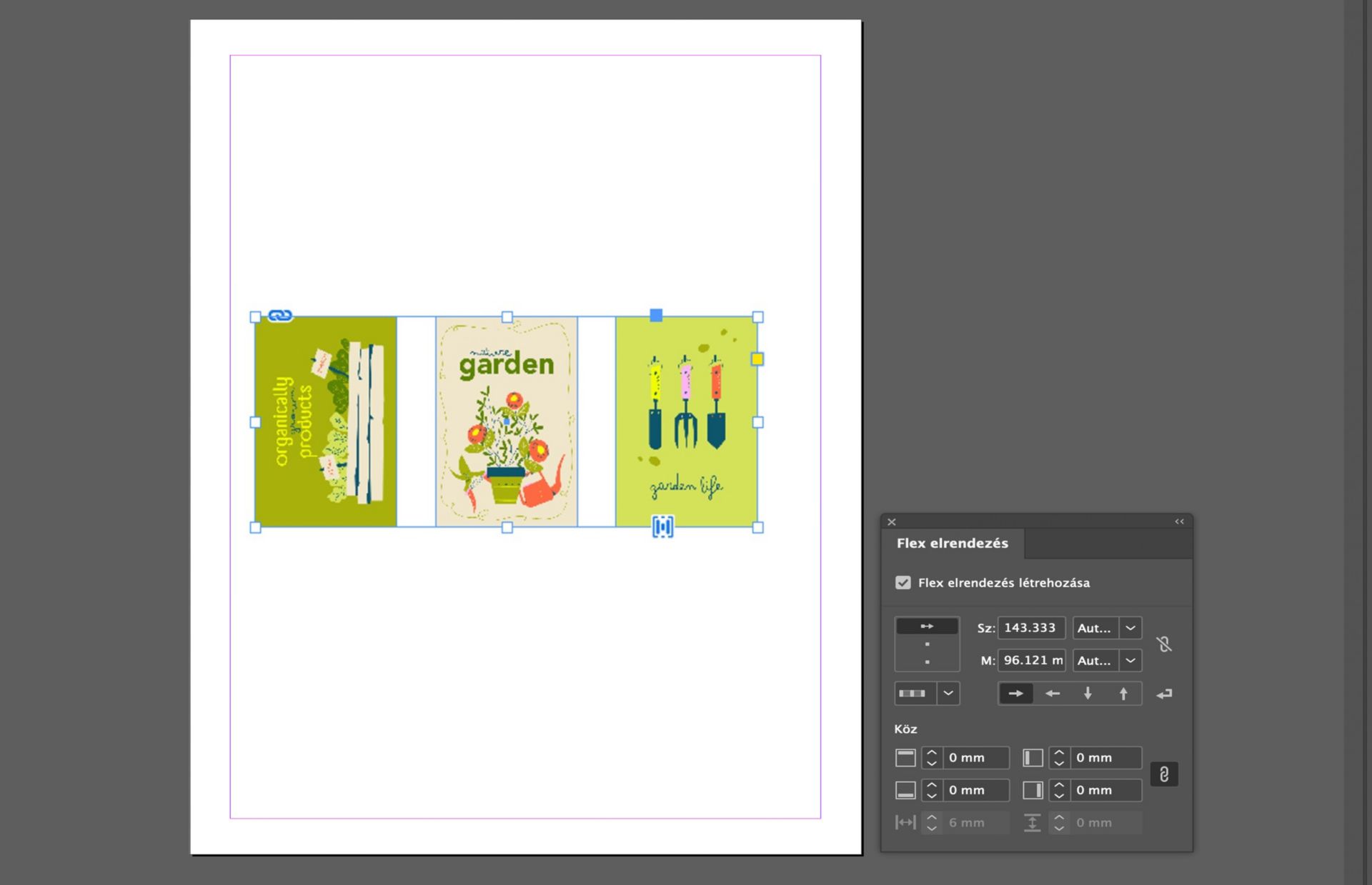 Három tökéletesen igazított kép van elhelyezve a vásznon, és a Flex elrendezés panel különböző beállításokkal van megnyitva.