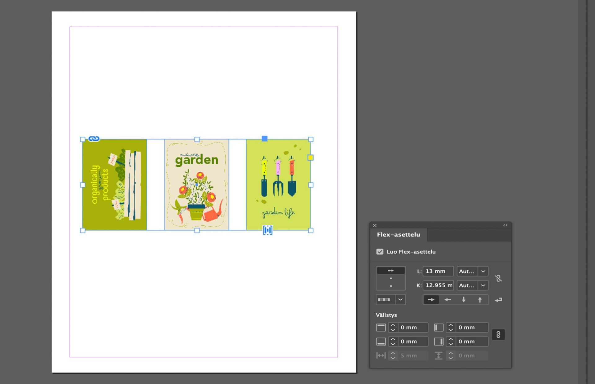Kolme täydellisesti kohdistettua kuvaa on sijoitettu piirtoalueelle, ja Flex-asettelupaneeli asetuksineen on avattuna.