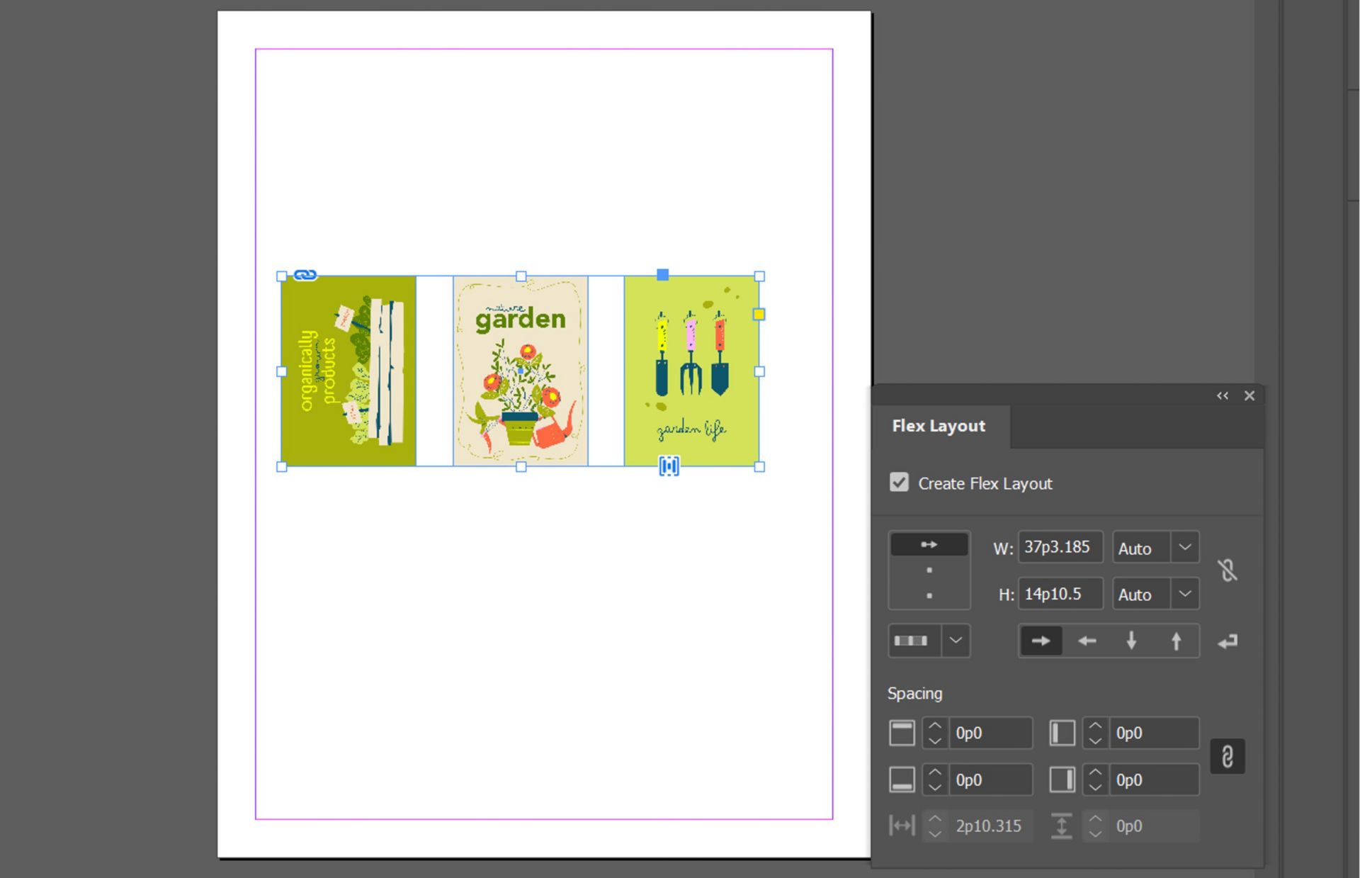 Three perfectly aligned images are place on the canvas and the Flex Layout panel is open with different options.