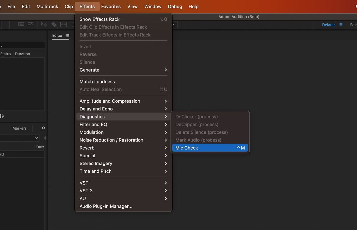 The Effects menu is open and the Mic Check option selected under Diagnostics.