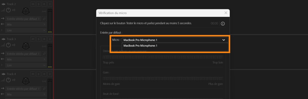 Le menu déroulant Micro répertorie les données audio par défaut avec celles du système. Le microphone par défaut du système est actuellement sélectionné.