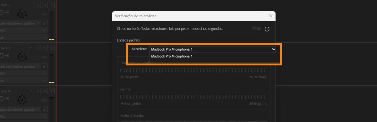 O menu suspenso Microfone lista o áudio padrão assim como o padrão do sistema. O microfone padrão do sistema está atualmente selecionado.