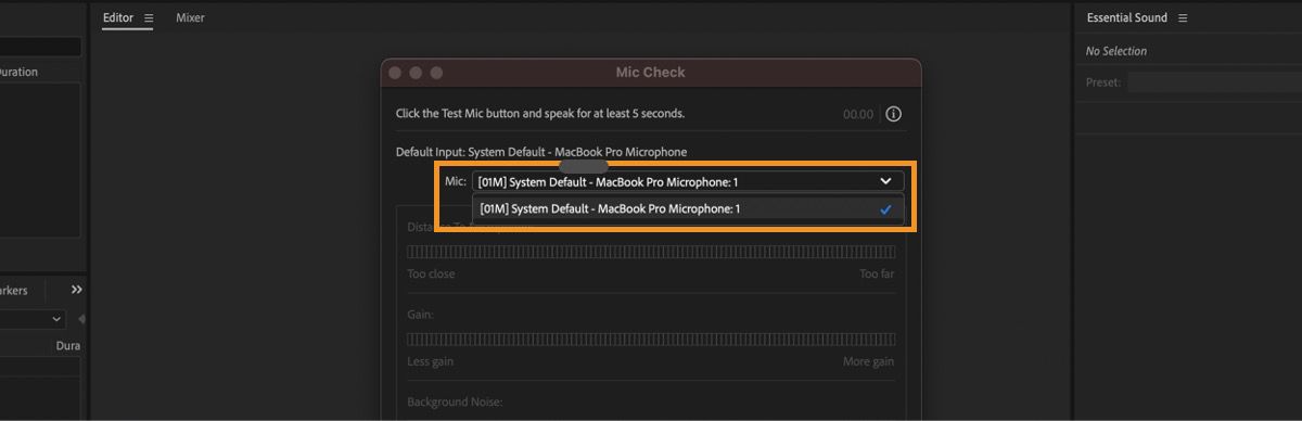The Mic dropdown menu lists the default audio along with the system default one. The system default microphone is currently selected.