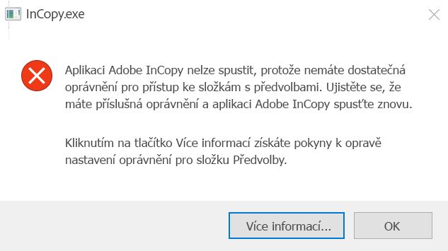 Problémy s oprávněním k aplikaci InCopy v systému Windows
