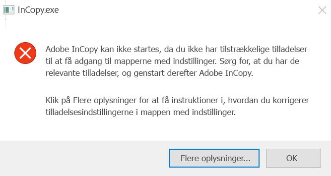 Problem med tilladelser for InCopy på Windows
