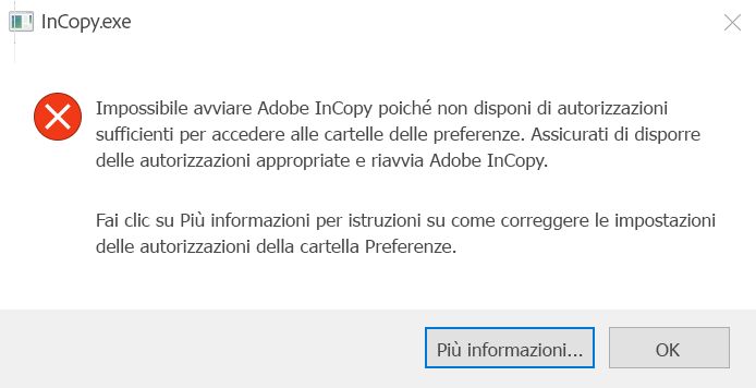 Problema di autorizzazioni per InCopy su Windows