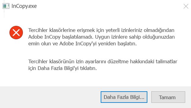 Windows'ta InCopy için izin sorunu