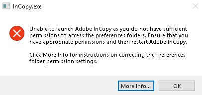 مشكلة الإذن لبرنامج InCopy على Windows