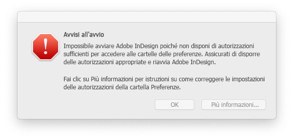 Problema di autorizzazioni per InDesign su macOS