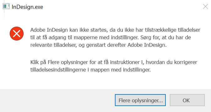 Problem med tilladelser for InDesign på Windows