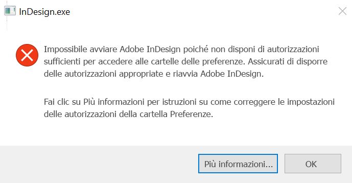 Problema di autorizzazioni per InDesign su Windows