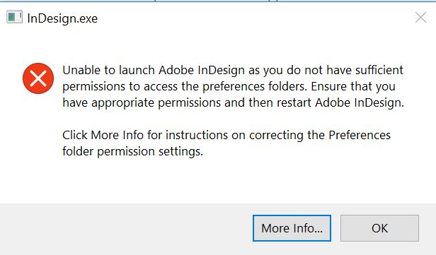 مشكلة الإذن لبرنامج InDesign على Windows