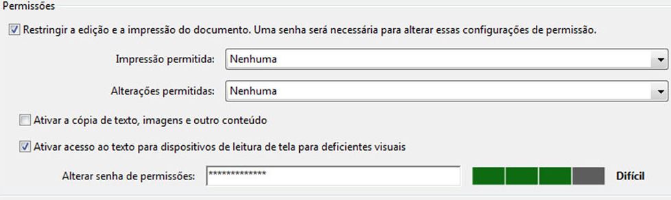 Opções de segurança de senha