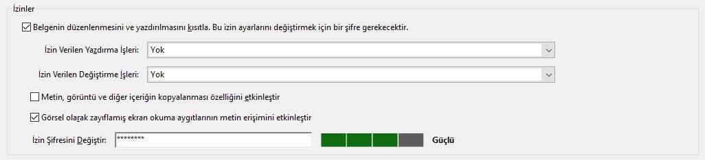 Parola Güvenliği seçenekleri