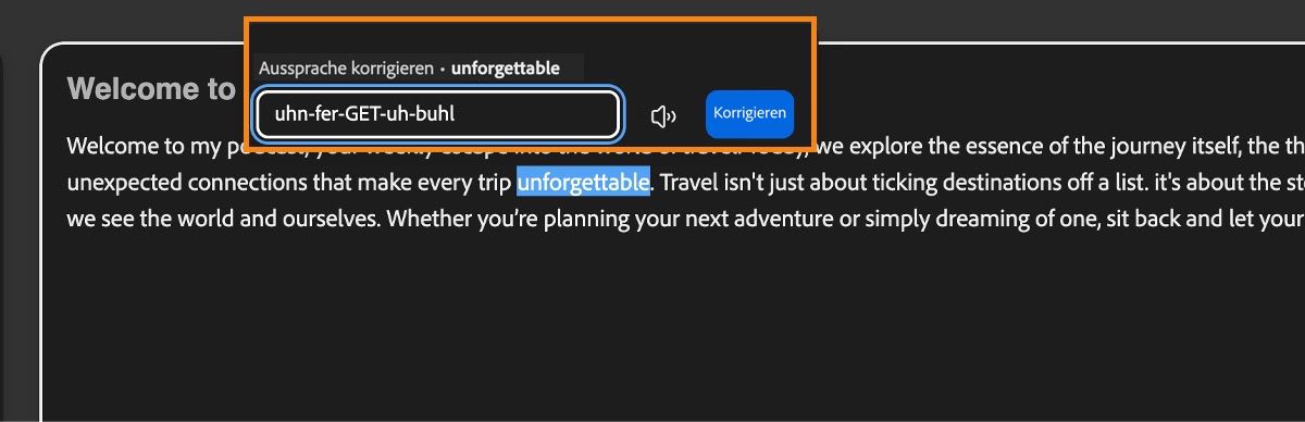 Im Text-zu-Sprache-Bildschirm wird im Aussprache-Editor ein hervorgehobenes Wort und dessen korrigierte phonetische Version angezeigt.