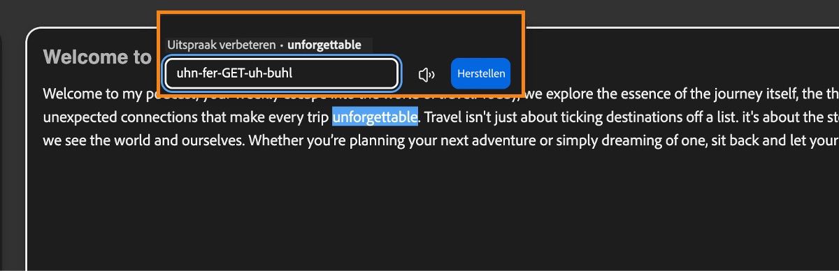 De uitspraakeditor in het scherm Tekst naar spraak toont een gemarkeerd woord en de gecorrigeerde fonetische versie.