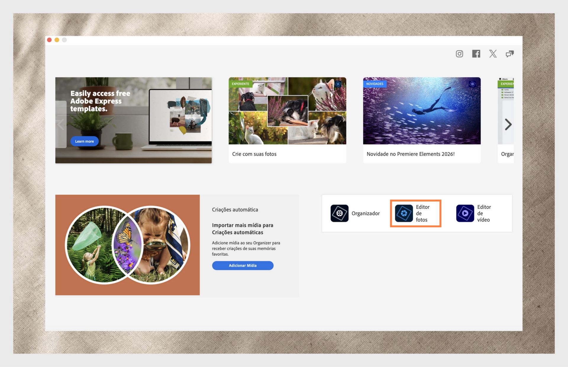 A janela do aplicativo do Elements mostra as opções de abrir o Photoshop Elements e o menu suspenso para selecionar a versão do aplicativo. 