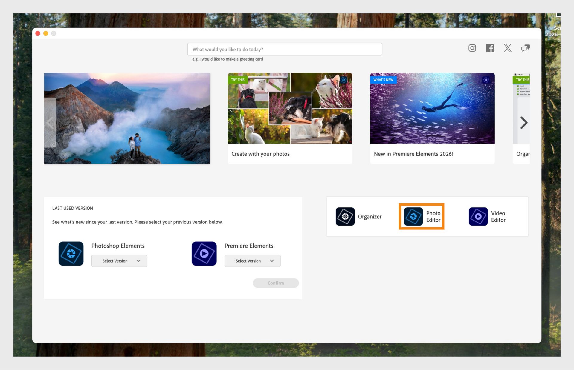 Cửa sổ ứng dụng Elements hiển thị các tùy chọn để mở Photoshop Elements và menu thả xuống để chọn phiên bản của ứng dụng. 