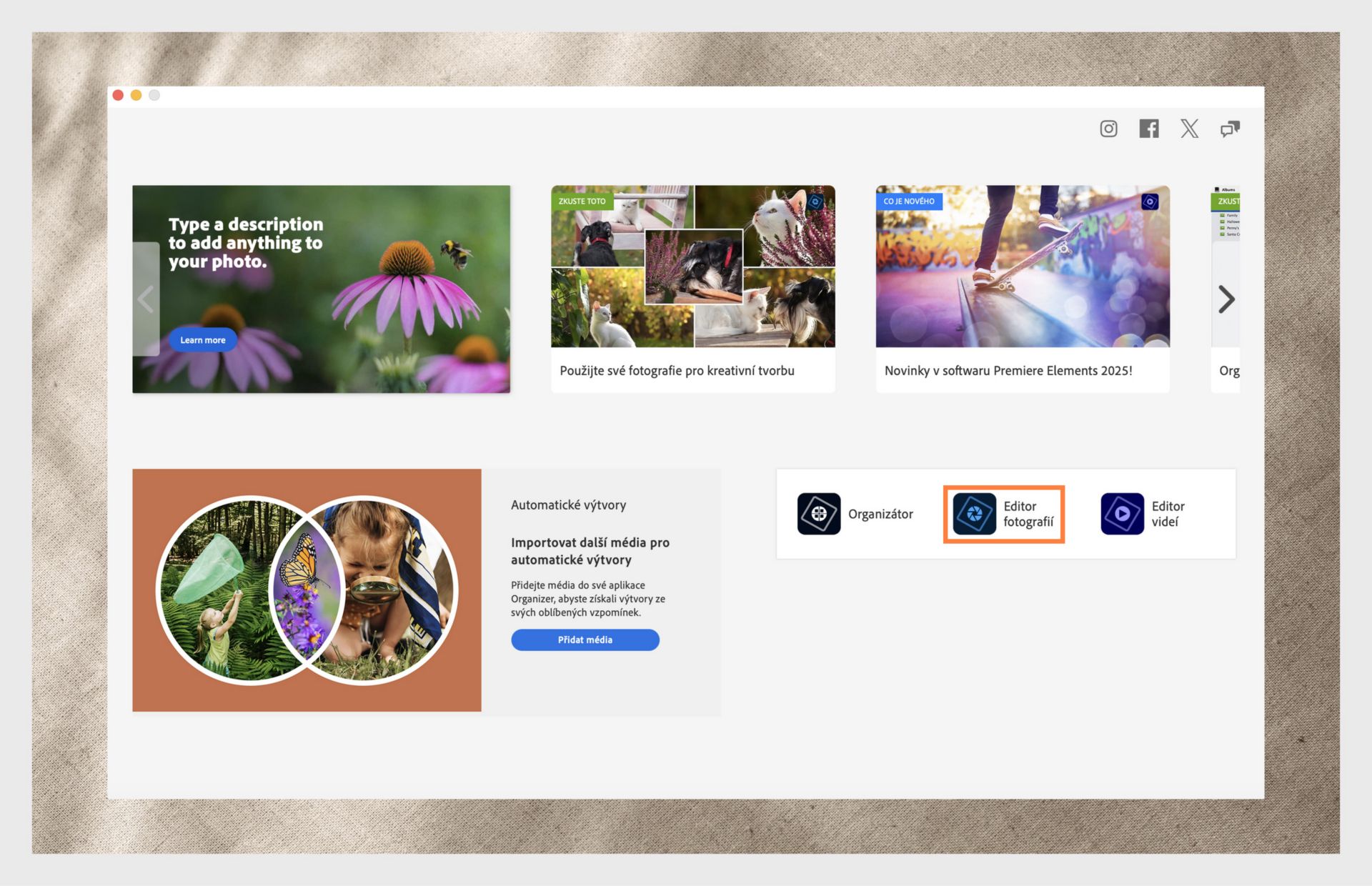 Okno aplikace Elements zobrazuje možnosti otevření aplikace Photoshop Elements a rozbalovací nabídku pro výběr verze aplikace. 