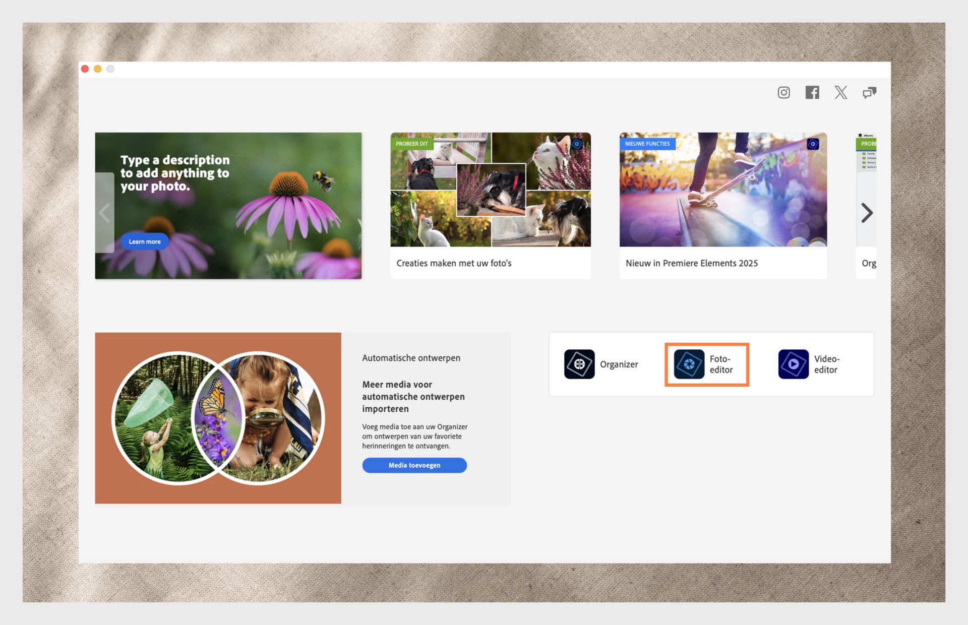 Het venster van de Elements-app toont de opties om Photoshop Elements te openen en het vervolgkeuzemenu om de versie van de app te selecteren. 