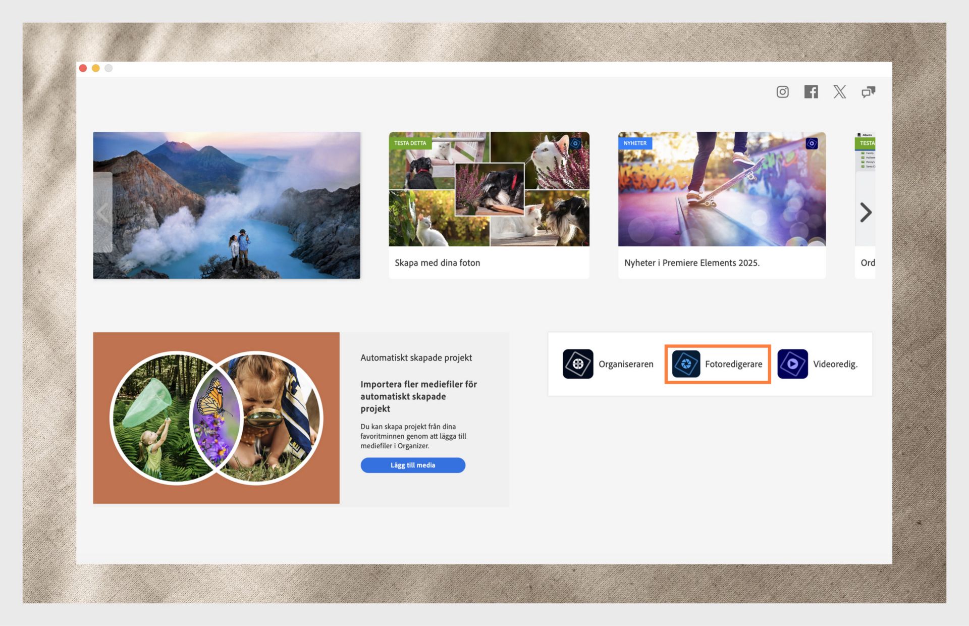 Elements app-fönstret visar alternativen för att öppna Photoshop Elements och rullgardinsmenyn för att välja version av appen. 