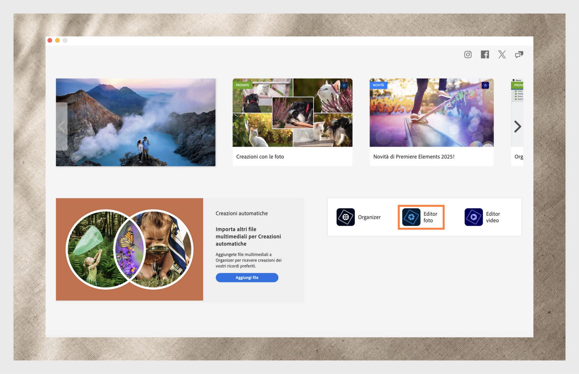 La finestra dell’applicazione Elements mostra le opzioni per aprire Photoshop Elements e il menu a discesa per selezionare la versione dell’applicazione. 