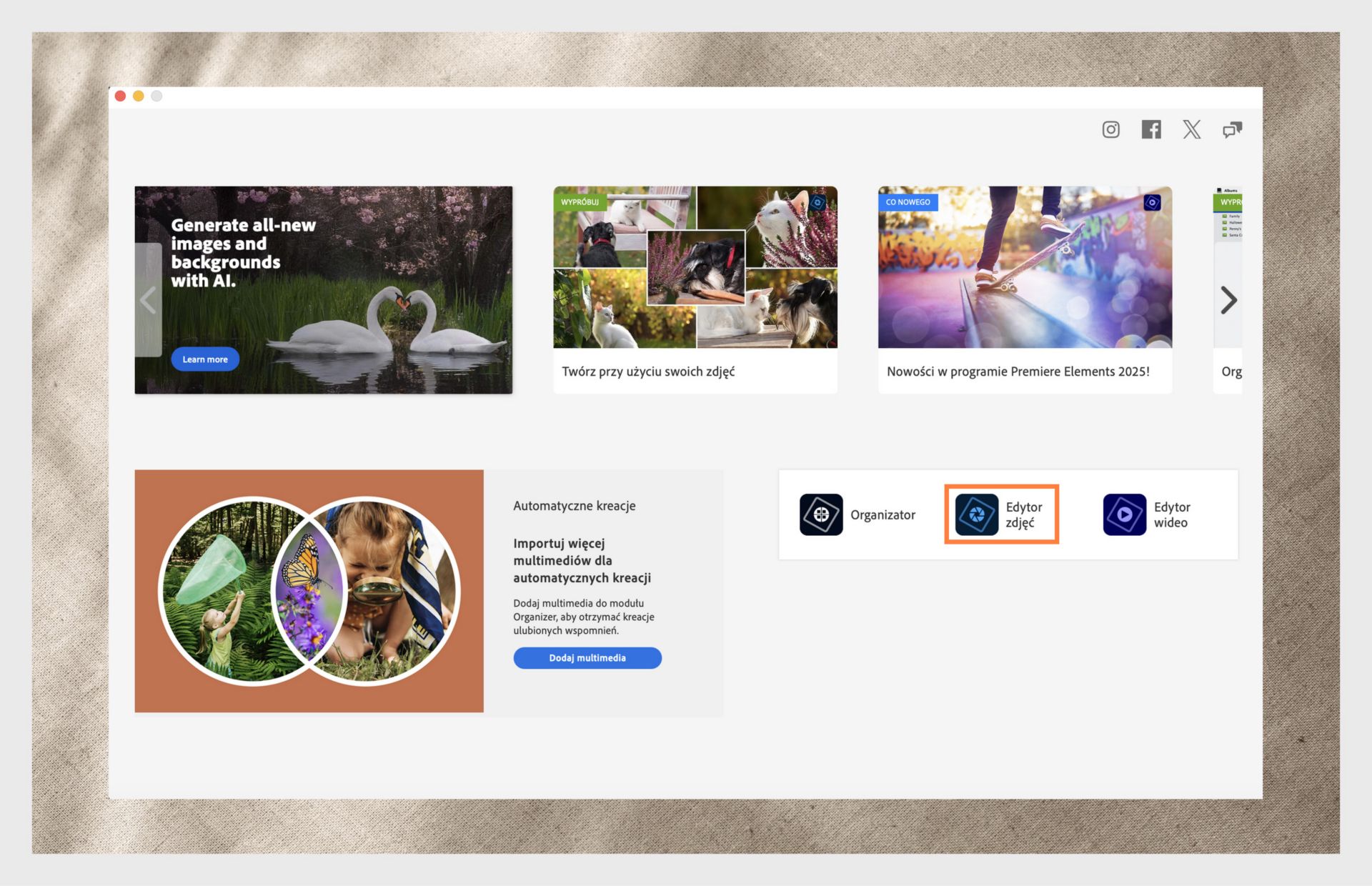 Okno aplikacji Elements pokazuje opcje otwierania produktu Photoshop Elements oraz menu rozwijane umożliwiające wybór wersji aplikacji. 