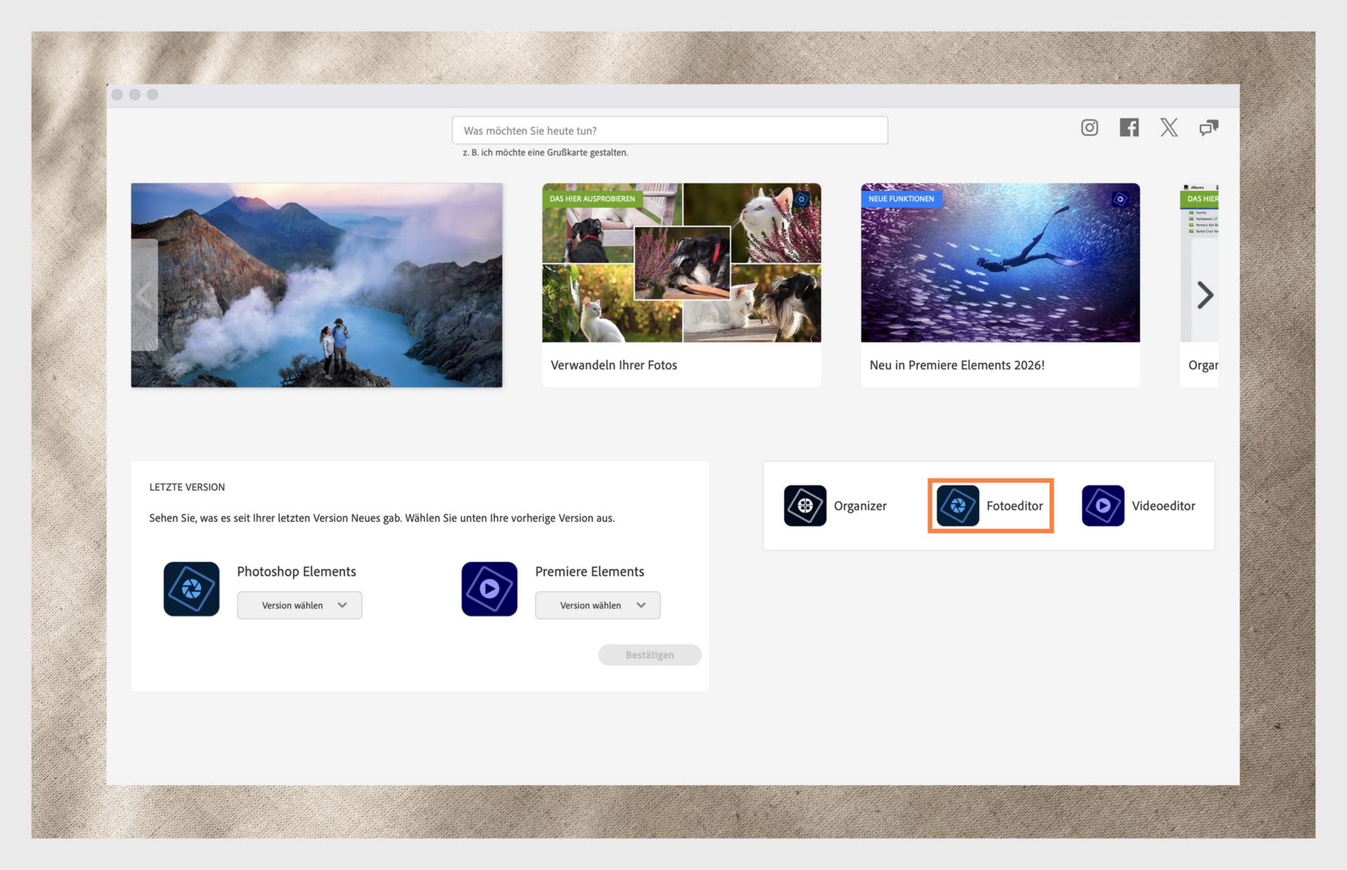 Das Fenster der Elements-Anwendung zeigt die options zum Öffnen von photoshop elements und das Dropdown-Menü zur Auswahl der Version der Anwendung. 