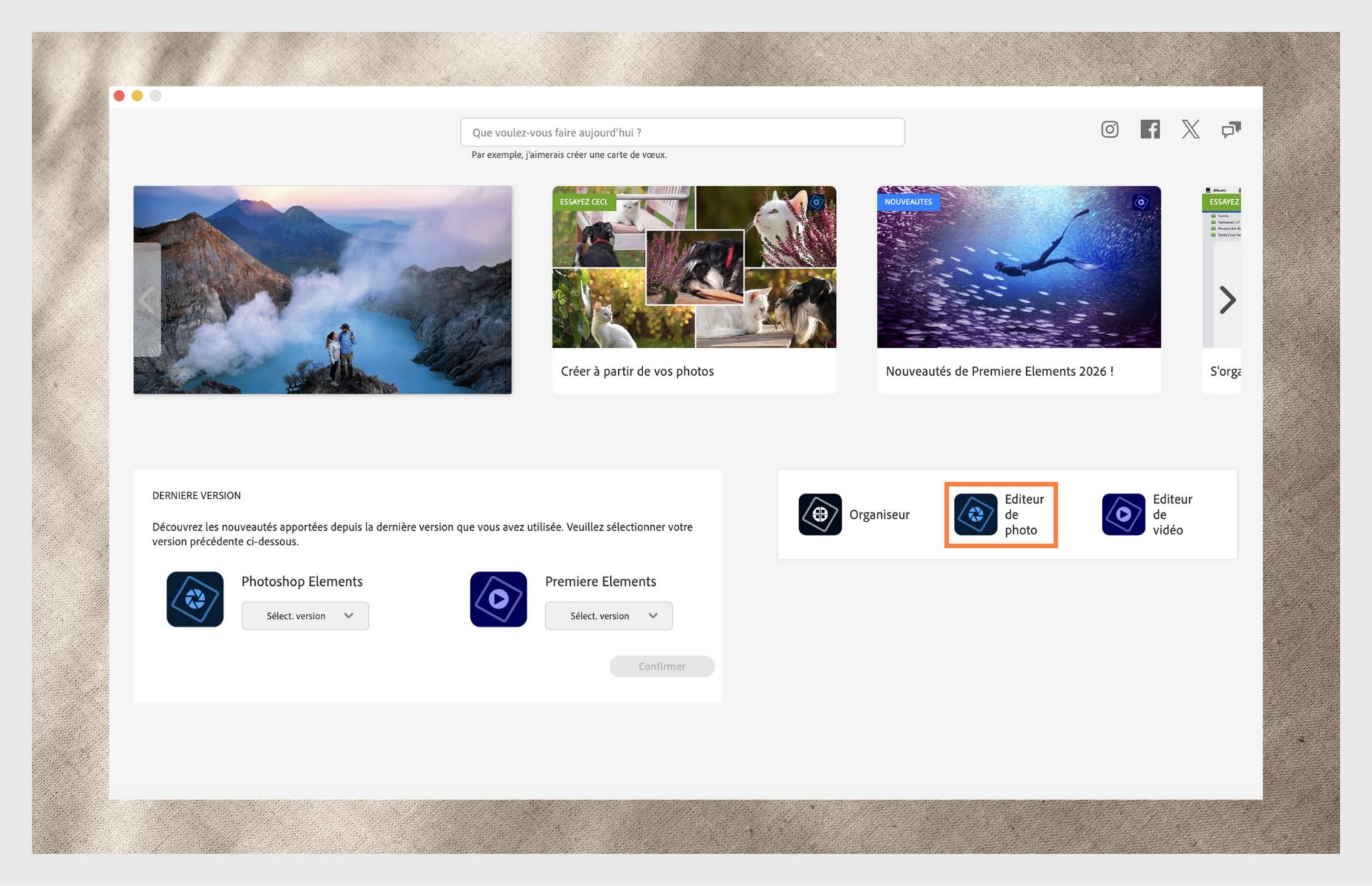 La fenêtre de l'application Elements affiche les options pour ouvrir Photoshop Elements et le menu déroulant pour sélectionner la version de l'application. 
