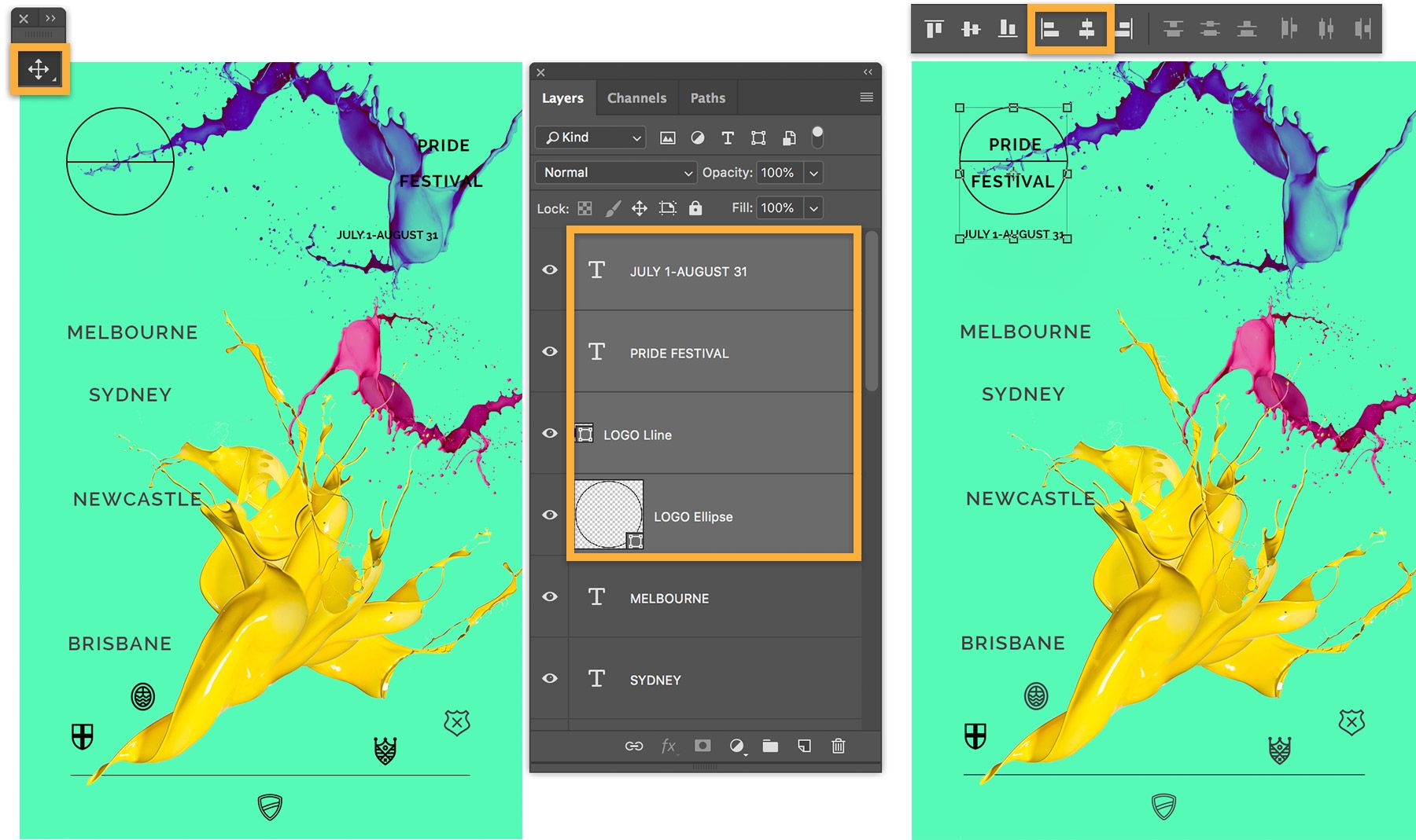 ข้อความได้รับการจัดตำแหน่งไว้ด้านซ้ายโดยการเลือกเลเยอร์ข้อความในแผง Layers คลิกเครื่องมือ Move แล้วคลิกไอคอน Align Left Edges