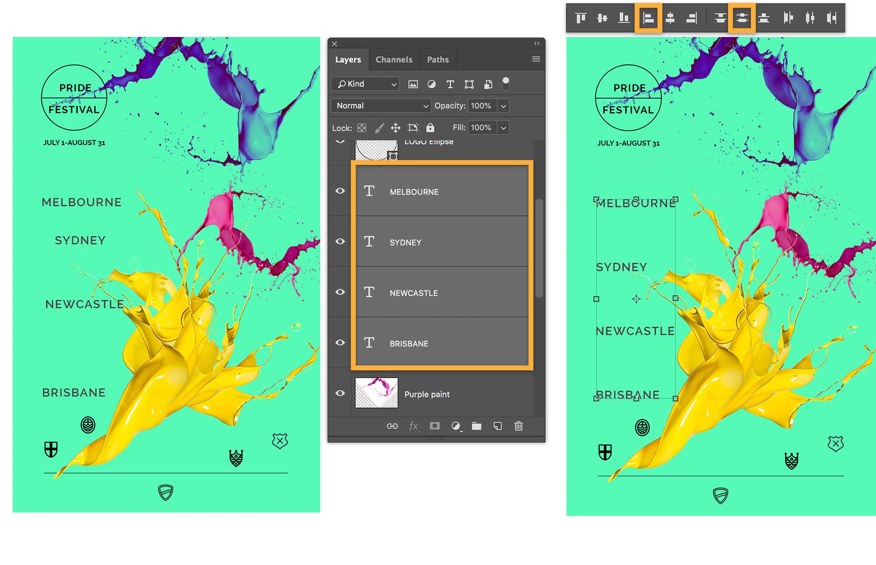 ข้อความได้รับการกระจายในแนวตั้งและจัดตำแหน่งตามแนวด้านซ้ายด้วย Align Left Edges และ Distribute Vertical Centers