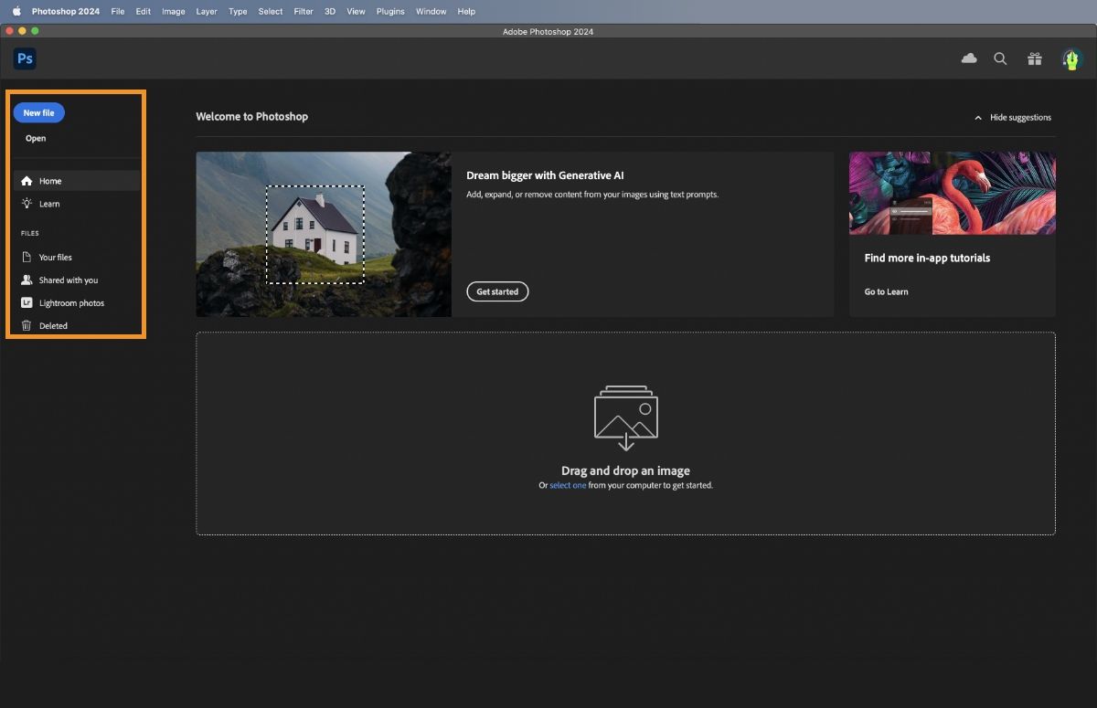 Photoshop kezdőképernyő 