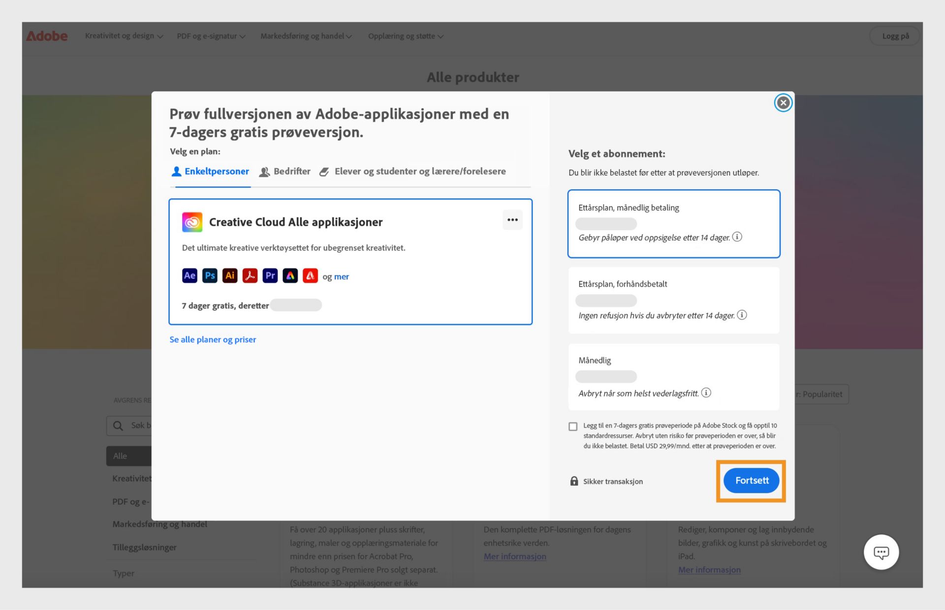 Vinduet &quot;Velg en plan&quot; viser den valgte planen og de forskjellige abonnementene som tilbys. 