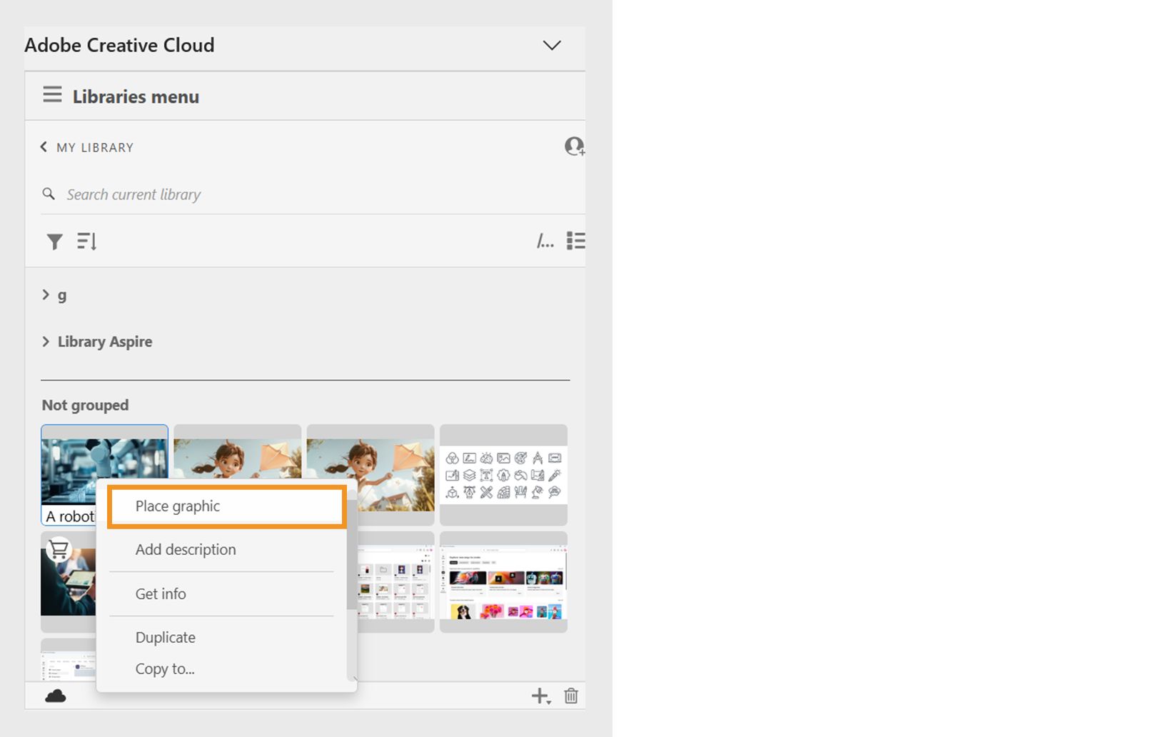 In the right panel of the document, hover over the graphic element you want to add in the document, right-click, use the dropdown menu, and select Place graphic option.