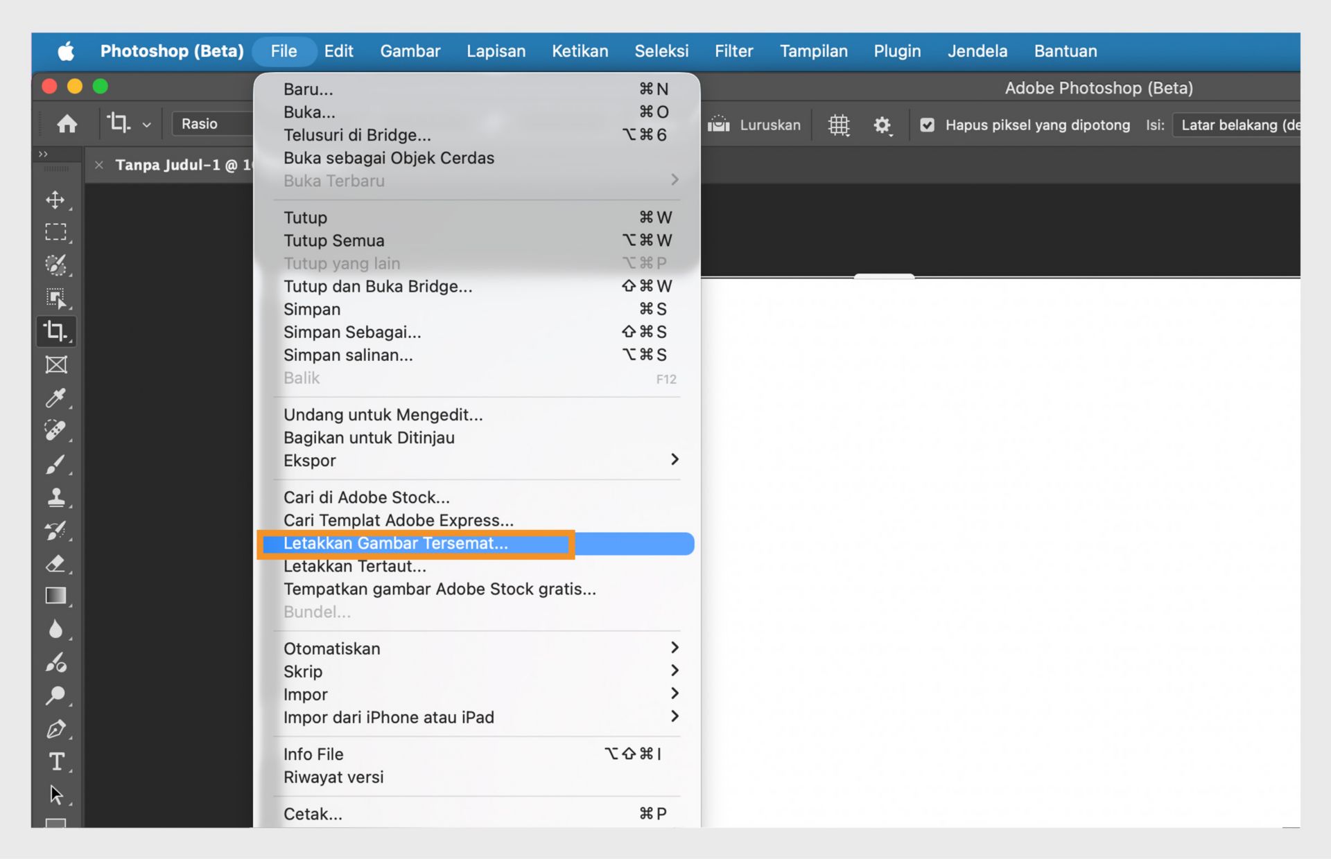 Photoshop (Beta) menyorot opsi "Letakkan Tersemat" untuk menyisipkan file ke dokumen sebagai lapisan terpisah.