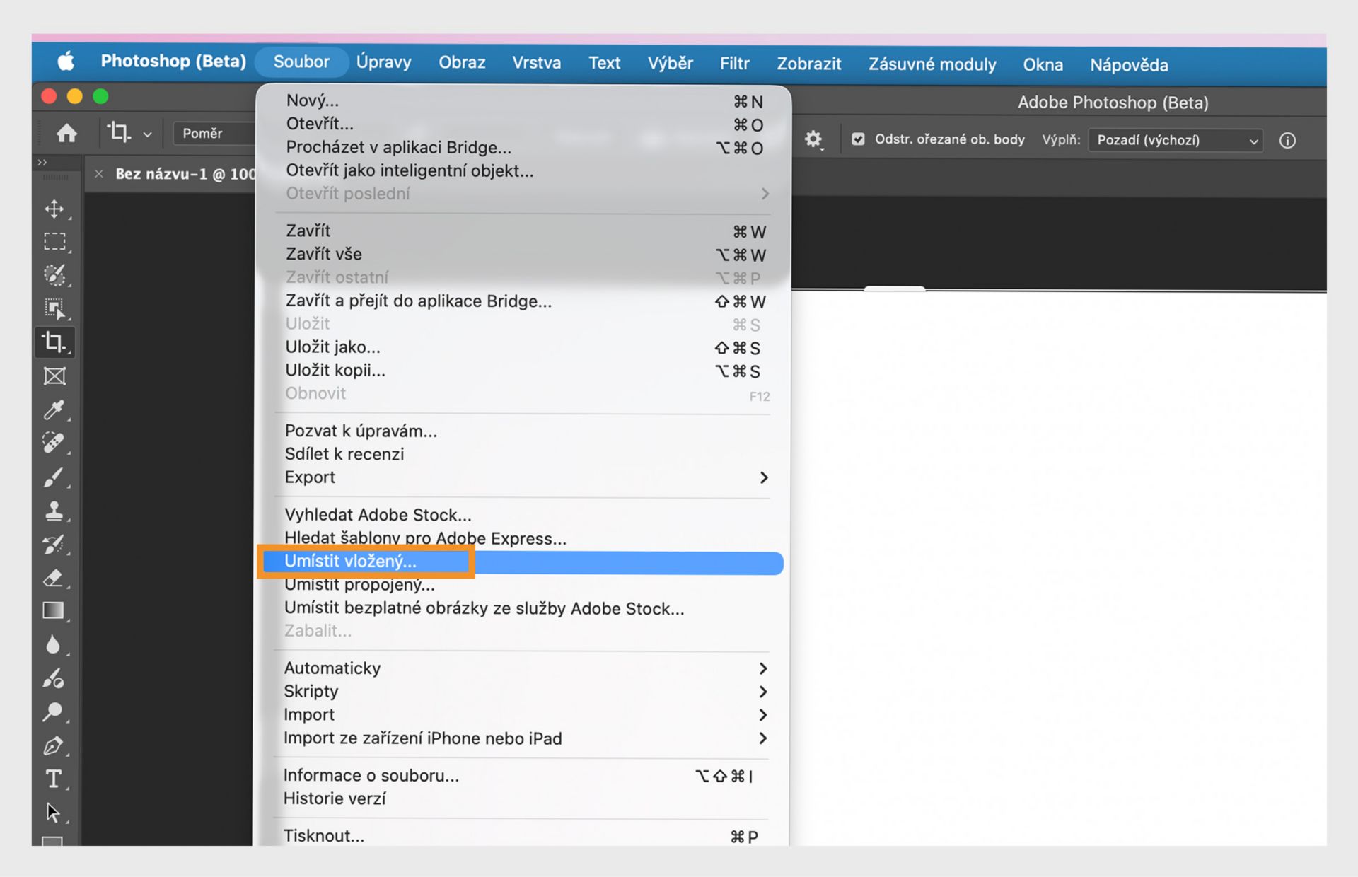 photoshop (beta) zvýrazňující možnost "Vložit vložené" pro vložení souboru do dokumentu jako samostatné vrstvy.